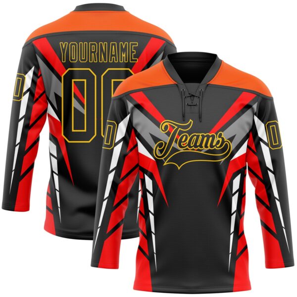 Custom Black Red Gray Orange-Yellow Abstract Pattern Graphic Cyber Mecha E-sport Hockey Lace Neck Jersey
