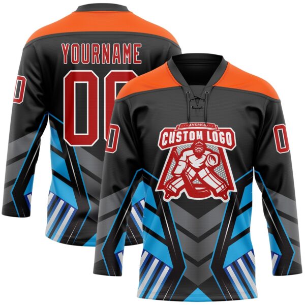 Custom Black Red Blue Gray Orange-White Abstract Pattern Graphic Cyber Mecha E-sport Hockey Lace Neck Jersey