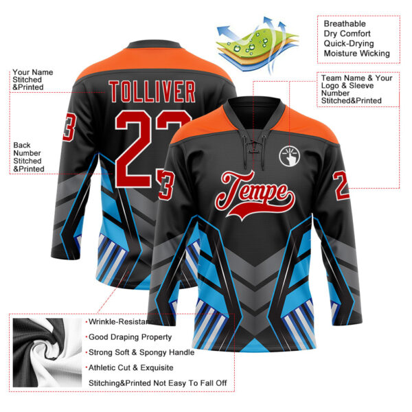 Custom Black Red Blue Gray Orange-White Abstract Pattern Graphic Cyber Mecha E-sport Hockey Lace Neck Jersey