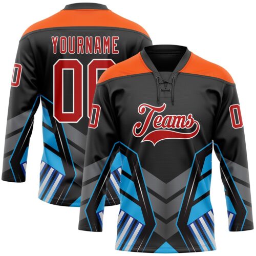 3DPattern11854 Custom Black Red Blue Gray Orange-White Abstract Pattern Graphic Cyber Mecha E-sport Hockey Lace Neck Jersey
