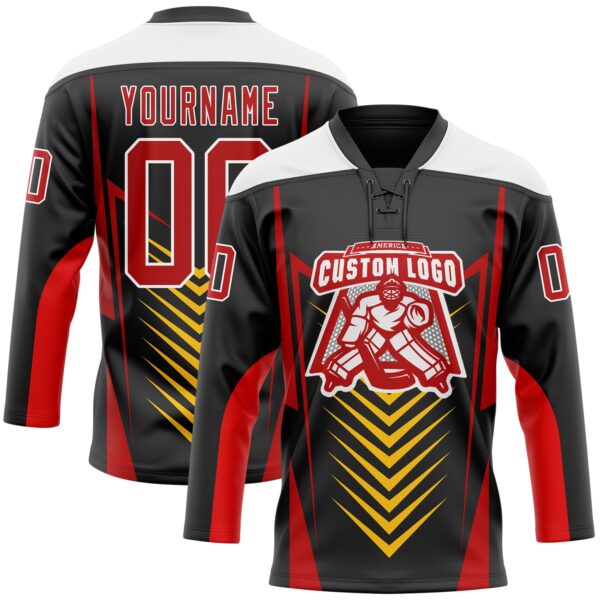 Custom Black Red Yellow-White Abstract Pattern Graphic Cyber Mecha E-sport Hockey Lace Neck Jersey