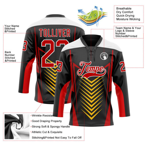 Custom Black Red Yellow-White Abstract Pattern Graphic Cyber Mecha E-sport Hockey Lace Neck Jersey
