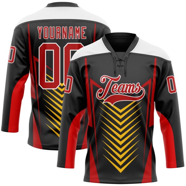 Custom Black Red Yellow-White Abstract Pattern Graphic Cyber Mecha E-sport Hockey Lace Neck Jersey