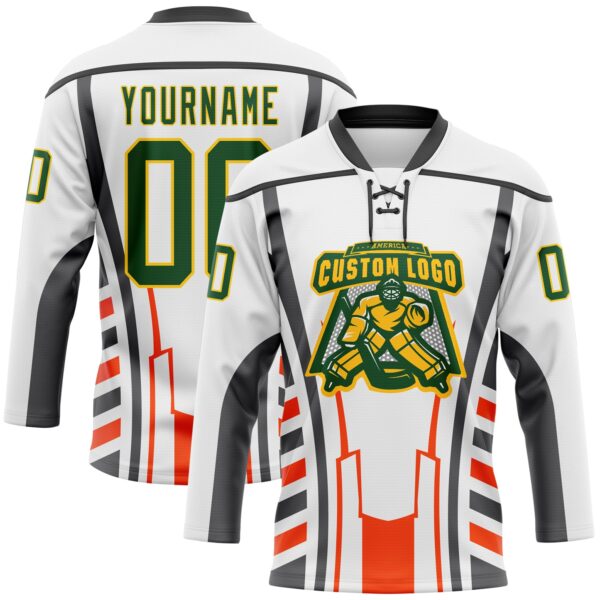 Custom White Green Red Black-Yellow Abstract Pattern Graphic Cyber Mecha E-sport Hockey Lace Neck Jersey