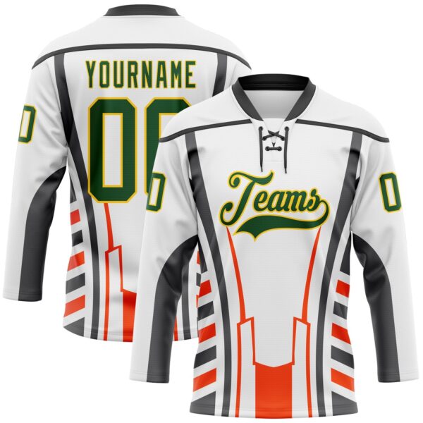 Custom White Green Red Black-Yellow Abstract Pattern Graphic Cyber Mecha E-sport Hockey Lace Neck Jersey
