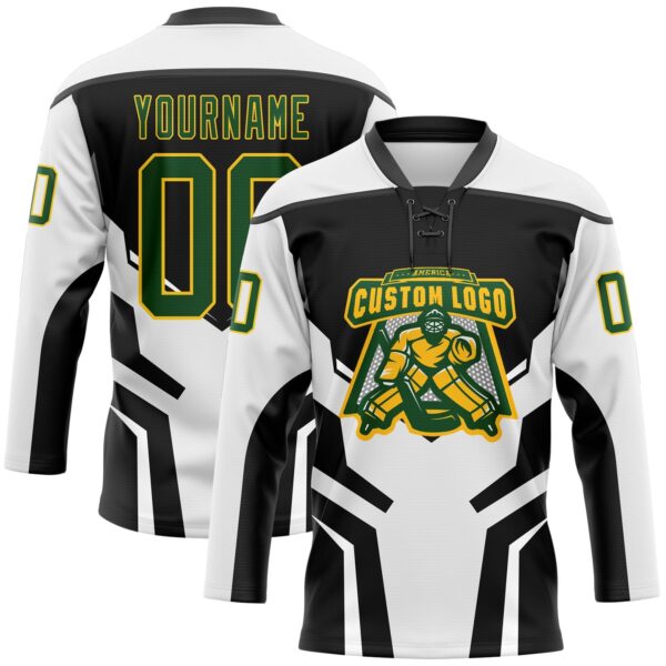 Custom White Green Black-Yellow Abstract Pattern Graphic Cyber Mecha E-sport Hockey Lace Neck Jersey