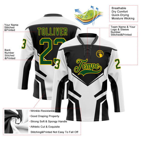 Custom White Green Black-Yellow Abstract Pattern Graphic Cyber Mecha E-sport Hockey Lace Neck Jersey