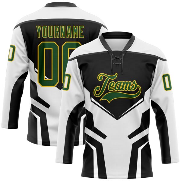 Custom White Green Black-Yellow Abstract Pattern Graphic Cyber Mecha E-sport Hockey Lace Neck Jersey