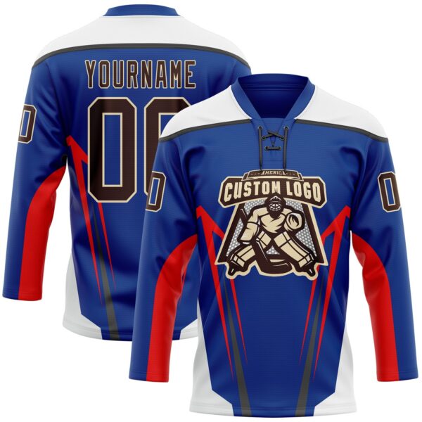 Custom Royal Brown Red Black Cream-White Abstract Pattern Graphic Cyber Mecha E-sport Hockey Lace Neck Jersey