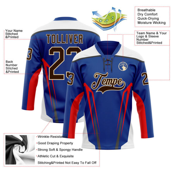 Custom Royal Brown Red Black Cream-White Abstract Pattern Graphic Cyber Mecha E-sport Hockey Lace Neck Jersey