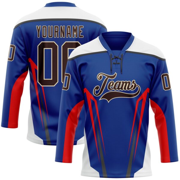 Custom Royal Brown Red Black Cream-White Abstract Pattern Graphic Cyber Mecha E-sport Hockey Lace Neck Jersey