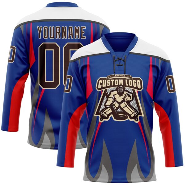 Custom Royal Brown Red Gray Black Cream-White Abstract Pattern Graphic Cyber Mecha E-sport Hockey Lace Neck Jersey