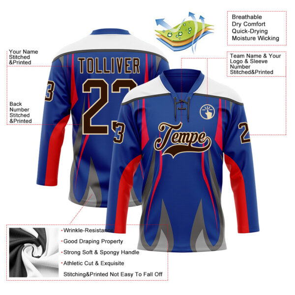 Custom Royal Brown Red Gray Black Cream-White Abstract Pattern Graphic Cyber Mecha E-sport Hockey Lace Neck Jersey