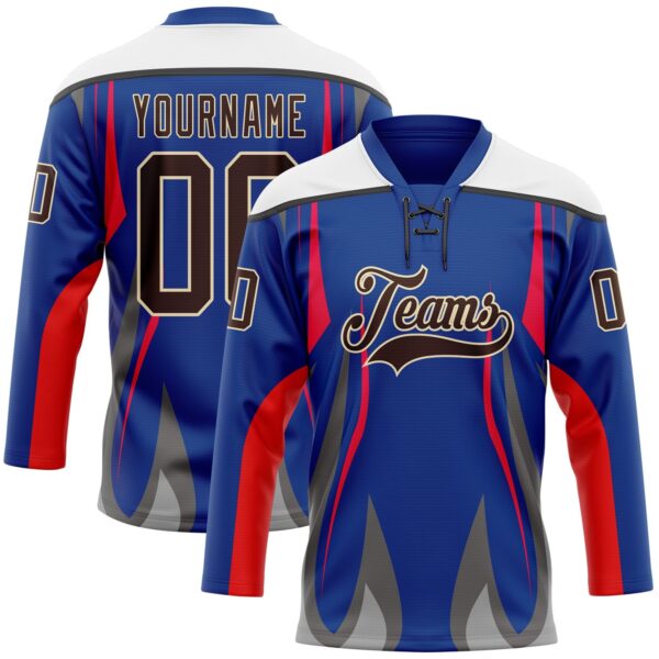 Custom Royal Brown Red Gray Black Cream-White Abstract Pattern Graphic Cyber Mecha E-sport Hockey Lace Neck Jersey