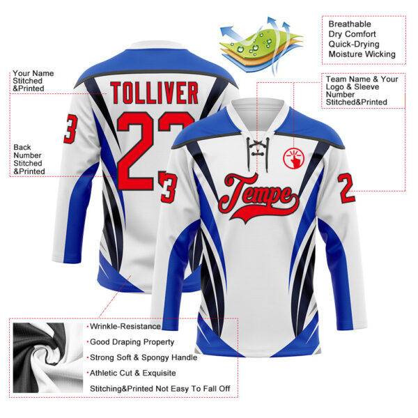 Custom White Fire Red Thunder Blue-Black Abstract Pattern Graphic Cyber Mecha E-sport Hockey Lace Neck Jersey