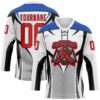 Custom White Fire Red Thunder Blue-Black Abstract Pattern Graphic Cyber Mecha E-sport Hockey Lace Neck Jersey