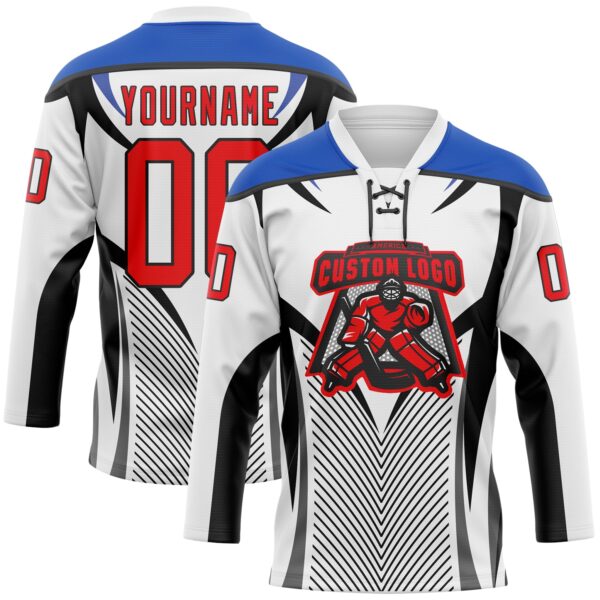 Custom White Fire Red Thunder Blue-Black Abstract Pattern Graphic Cyber Mecha E-sport Hockey Lace Neck Jersey