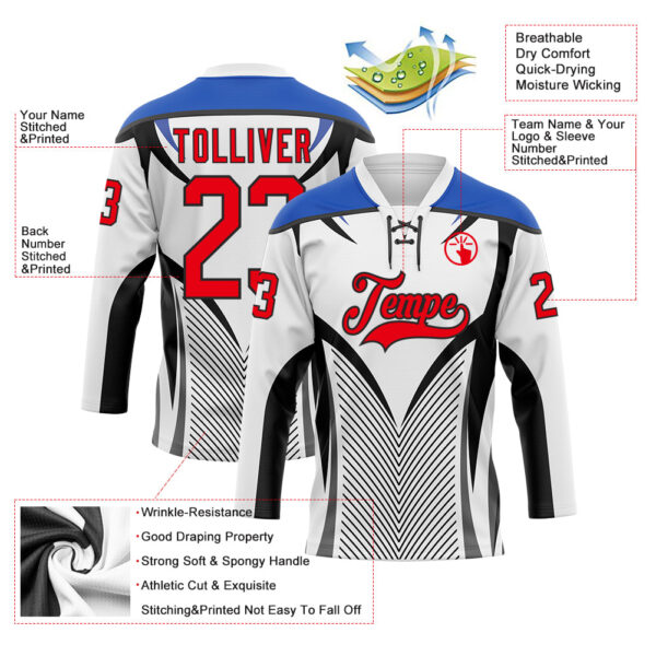 Custom White Fire Red Thunder Blue-Black Abstract Pattern Graphic Cyber Mecha E-sport Hockey Lace Neck Jersey