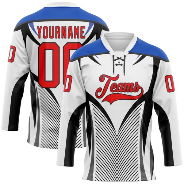 Custom White Fire Red Thunder Blue-Black Abstract Pattern Graphic Cyber Mecha E-sport Hockey Lace Neck Jersey