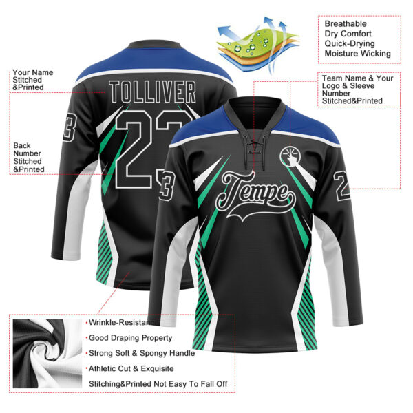 Custom Black Royal Green-White Abstract Pattern Graphic Cyber Mecha E-sport Hockey Lace Neck Jersey
