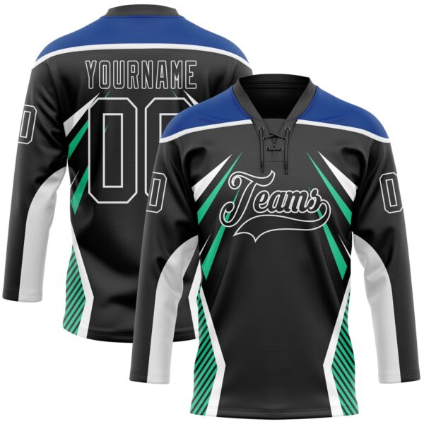 Custom Black Royal Green-White Abstract Pattern Graphic Cyber Mecha E-sport Hockey Lace Neck Jersey