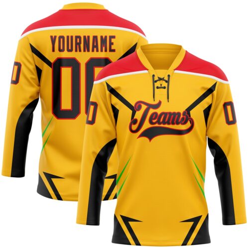 3DPattern11863 Custom Gold Black Fire Red Green-White Abstract Pattern Graphic Cyber Mecha E-sport Hockey Lace Neck Jersey