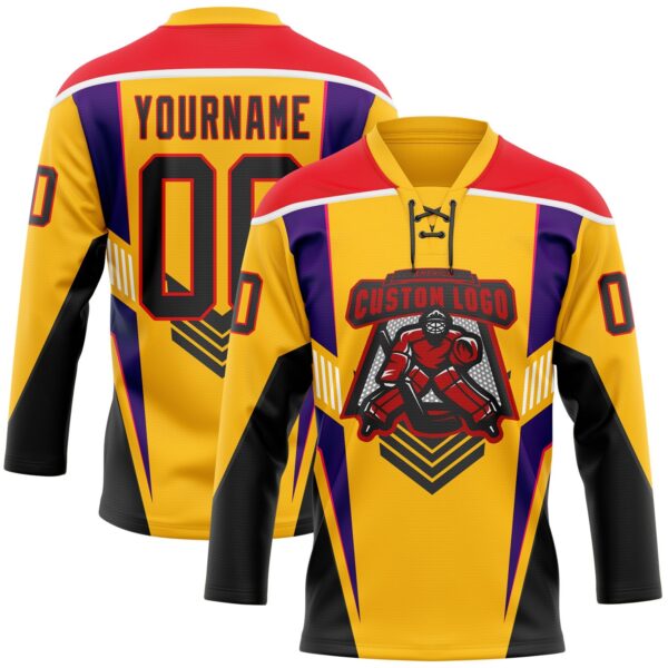 Custom Gold Black Fire Red Purple-White Abstract Pattern Graphic Cyber Mecha E-sport Hockey Lace Neck Jersey