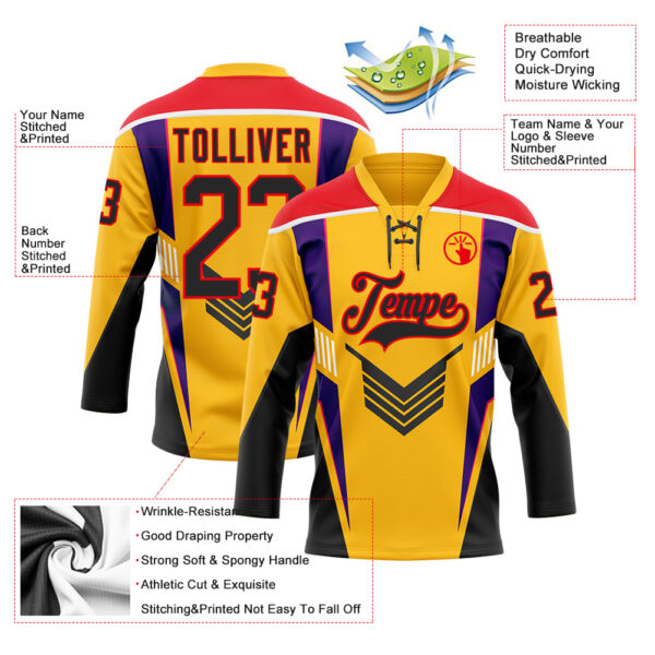 Custom Gold Black Fire Red Purple-White Abstract Pattern Graphic Cyber Mecha E-sport Hockey Lace Neck Jersey