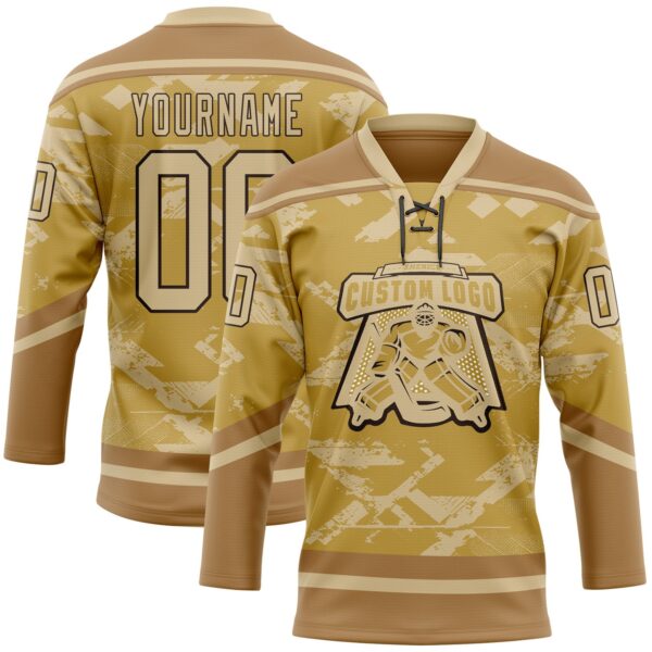 Custom Old Gold Vegas Gold Brown-Black Tribal Indigenous Grunge Splash Hockey Lace Neck Jersey