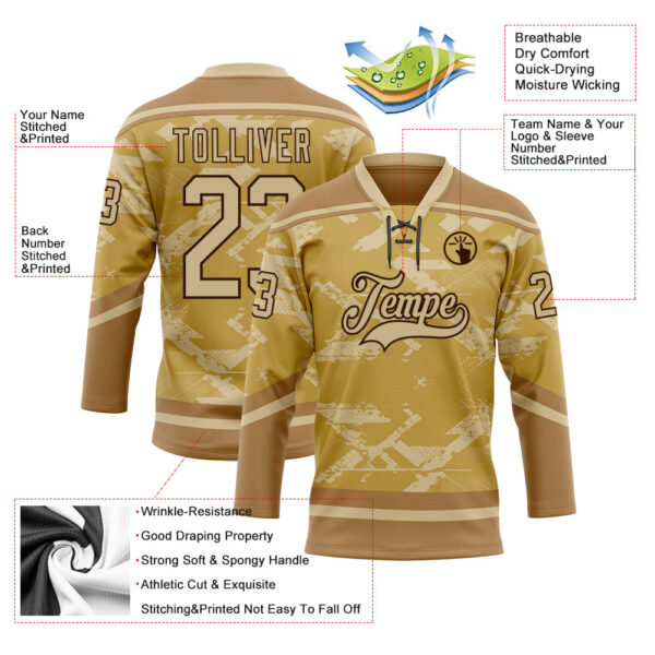 Custom Old Gold Vegas Gold Brown-Black Tribal Indigenous Grunge Splash Hockey Lace Neck Jersey