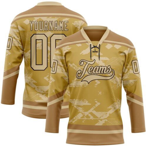 3DPattern11865 Custom Old Gold Vegas Gold Brown-Black Tribal Indigenous Grunge Splash Hockey Lace Neck Jersey