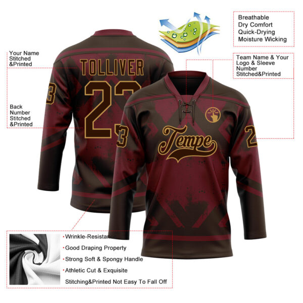 Custom Burgundy Brown-Old Gold Tribal Indigenous Grunge Splash Hockey Lace Neck Jersey