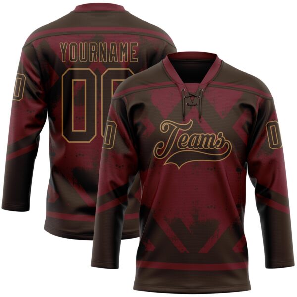 Custom Burgundy Brown-Old Gold Tribal Indigenous Grunge Splash Hockey Lace Neck Jersey