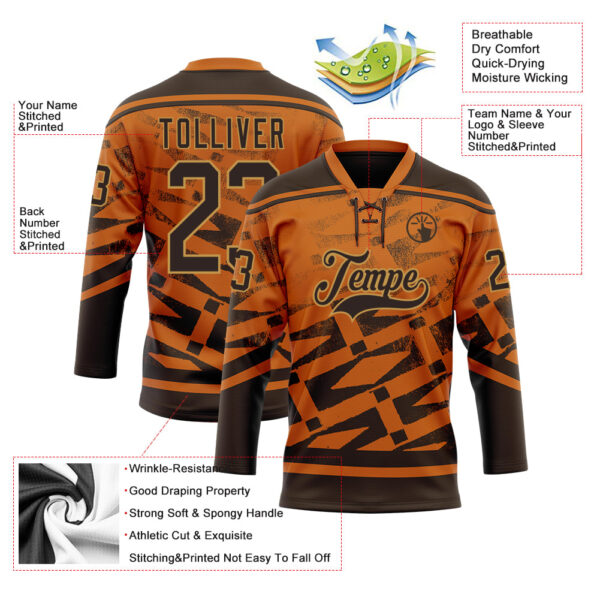 Custom Texas Orange Brown-Old Gold Tribal Indigenous Gradient Geometric Splash Hockey Lace Neck Jersey