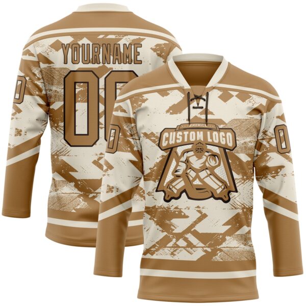 Custom Cream Old Gold-Brown Tribal Indigenous Grunge Splash Hockey Lace Neck Jersey