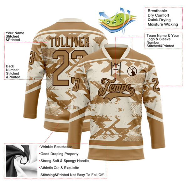 Custom Cream Old Gold-Brown Tribal Indigenous Grunge Splash Hockey Lace Neck Jersey