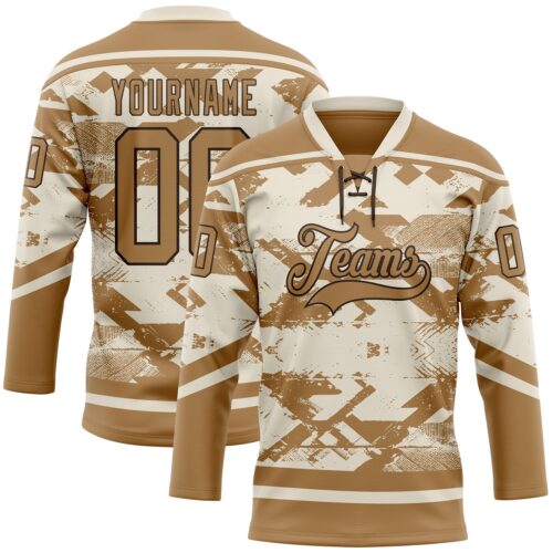Custom Cream Old Gold-Brown Tribal Indigenous Grunge Splash Hockey Lace Neck Jersey
