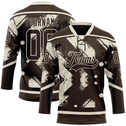 Custom Brown Cream Tribal Indigenous Grunge Splash Hockey Lace Neck Jersey