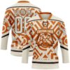 Custom Cream Texas Orange-Brown Tribal Indigenous Grunge Geometric Splash Hockey Lace Neck Jersey