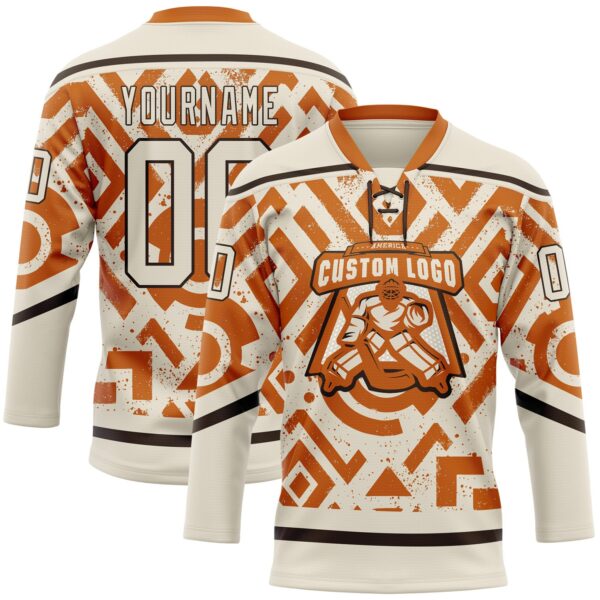 Custom Cream Texas Orange-Brown Tribal Indigenous Grunge Geometric Splash Hockey Lace Neck Jersey