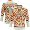 Custom Cream Texas Orange-Brown Tribal Indigenous Grunge Geometric Splash Hockey Lace Neck Jersey