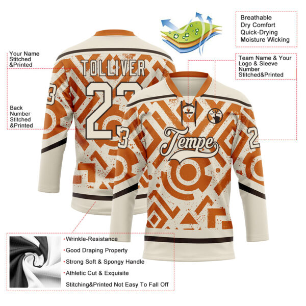 Custom Cream Texas Orange-Brown Tribal Indigenous Grunge Geometric Splash Hockey Lace Neck Jersey