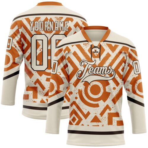 Custom Cream Texas Orange-Brown Tribal Indigenous Grunge Geometric Splash Hockey Lace Neck Jersey