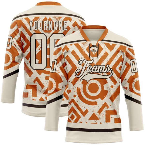 Custom Cream Texas Orange-Brown Tribal Indigenous Grunge Geometric Splash Hockey Lace Neck Jersey