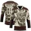 Custom Cream Olive Brown-Burgundy Tribal Indigenous Grunge Splash Hockey Lace Neck Jersey