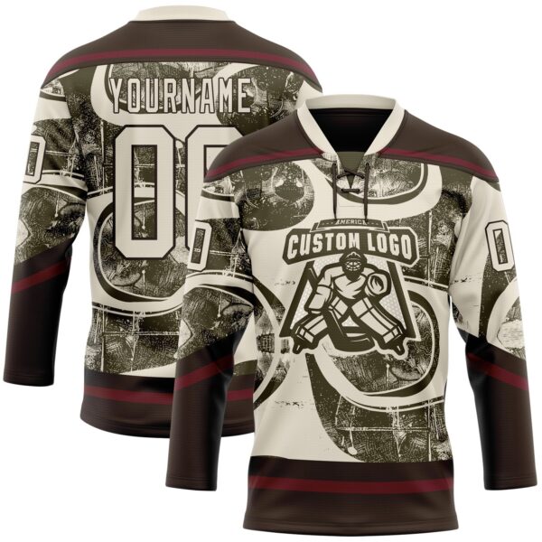 Custom Cream Olive Brown-Burgundy Tribal Indigenous Grunge Splash Hockey Lace Neck Jersey