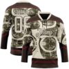 Custom Cream Olive Brown-Burgundy Tribal Indigenous Grunge Splash Hockey Lace Neck Jersey