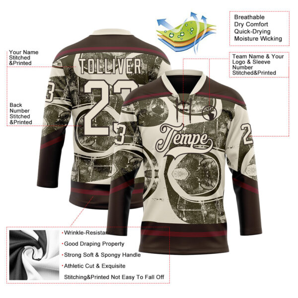 Custom Cream Olive Brown-Burgundy Tribal Indigenous Grunge Splash Hockey Lace Neck Jersey