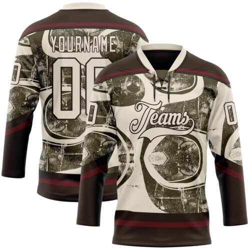 Custom Cream Olive Brown-Burgundy Tribal Indigenous Grunge Splash Hockey Lace Neck Jersey