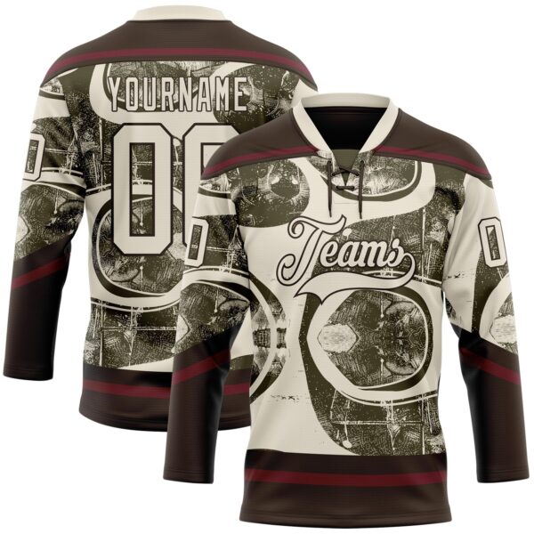 Custom Cream Olive Brown-Burgundy Tribal Indigenous Grunge Splash Hockey Lace Neck Jersey